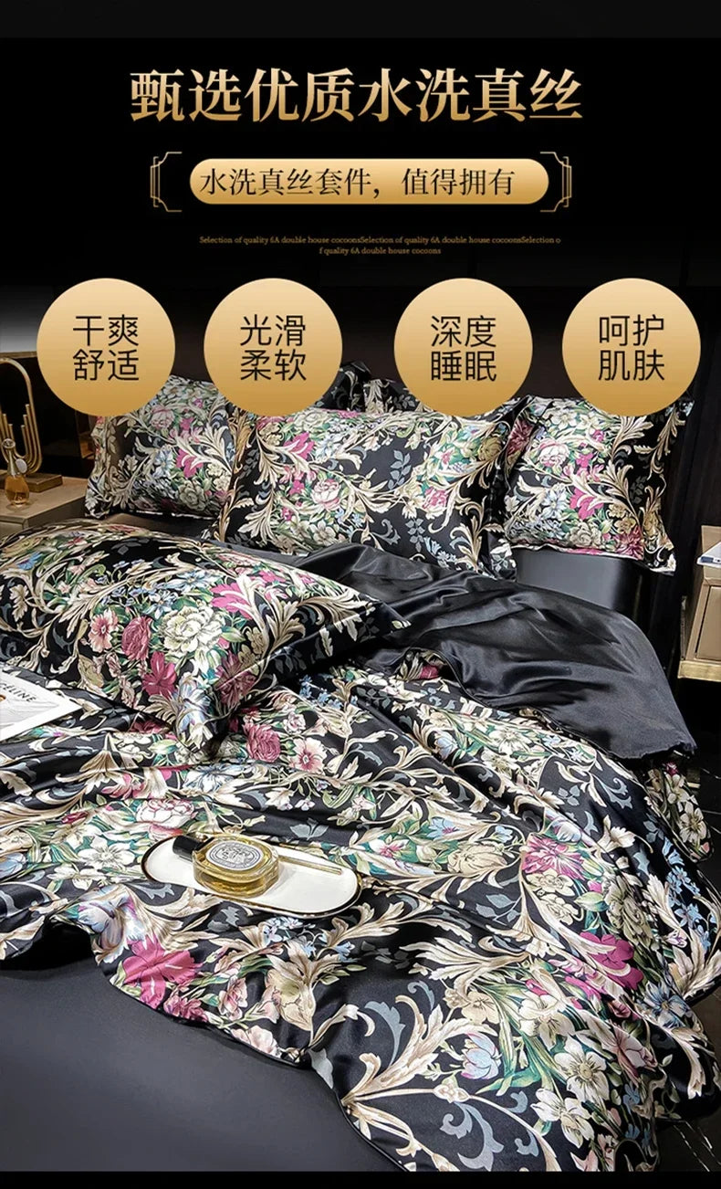 Natural Silk Bedding Set Single Double Queen King Printing Duvet Cover Luxury Quilt Cover Bedsheet Pillowcase