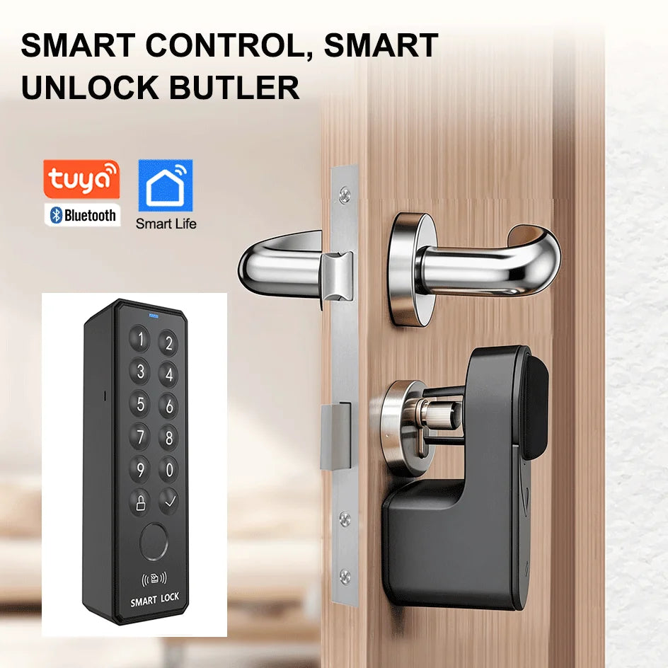Smart lock with Tuya Bluetooth, fingerprint, password, and IC card unlocking; no drilling required for installation.