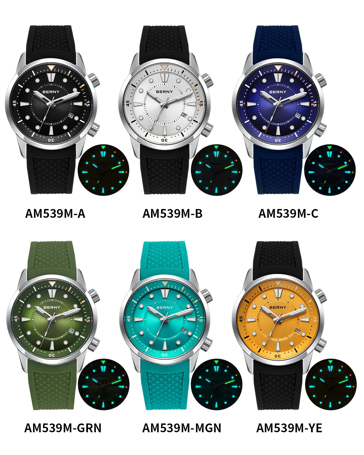 BERNY Automatic Diver Men Watch 200M Waterproof Miyota 8215 Sappire AR Coated Silicone Sports Swim Wristwatch Men's Diver Watch