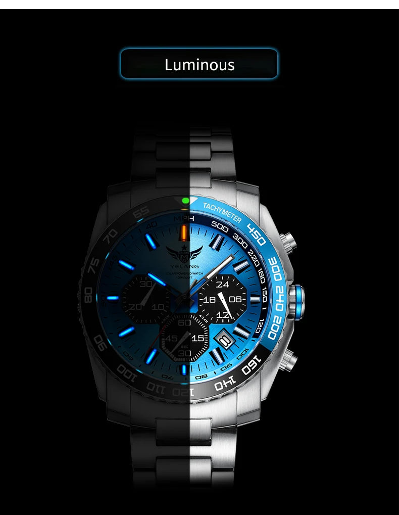 Yelang Watch 44mm V1215 Men Sports Watch Japan Eco-Drive VR42 Solar Diving Watch 100m Waterproof 10Bar Luminous watches for men