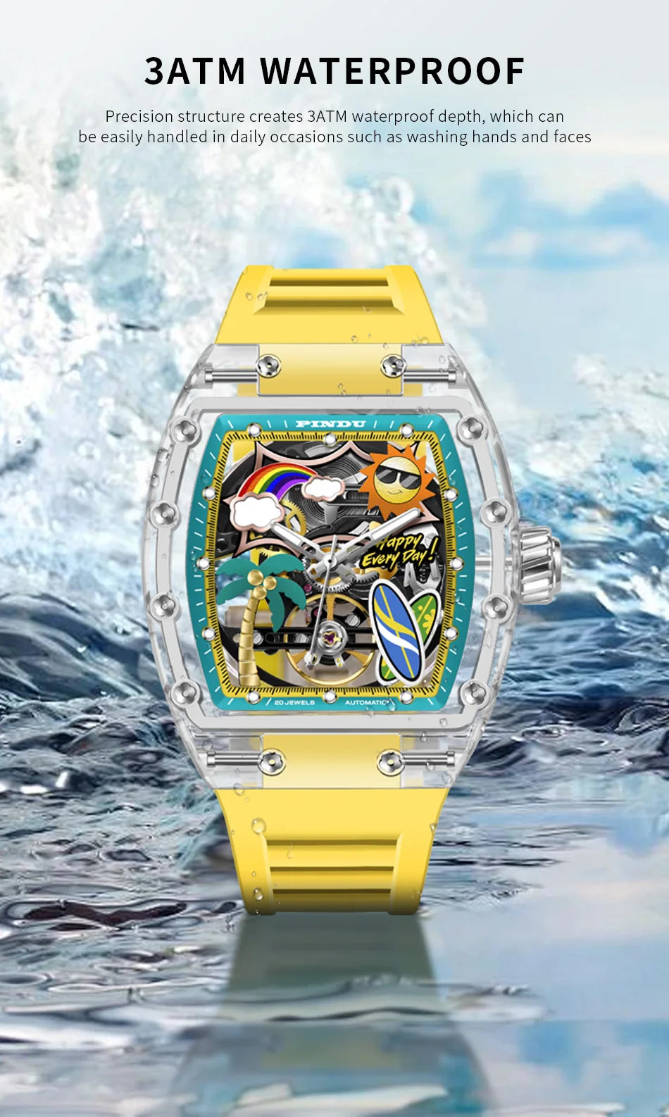 New PINDU Watch Unique Dial Design Style Men Mechanical Watch Summer Beach Fashion Watch Glowing Waterproof Resin silicone strap