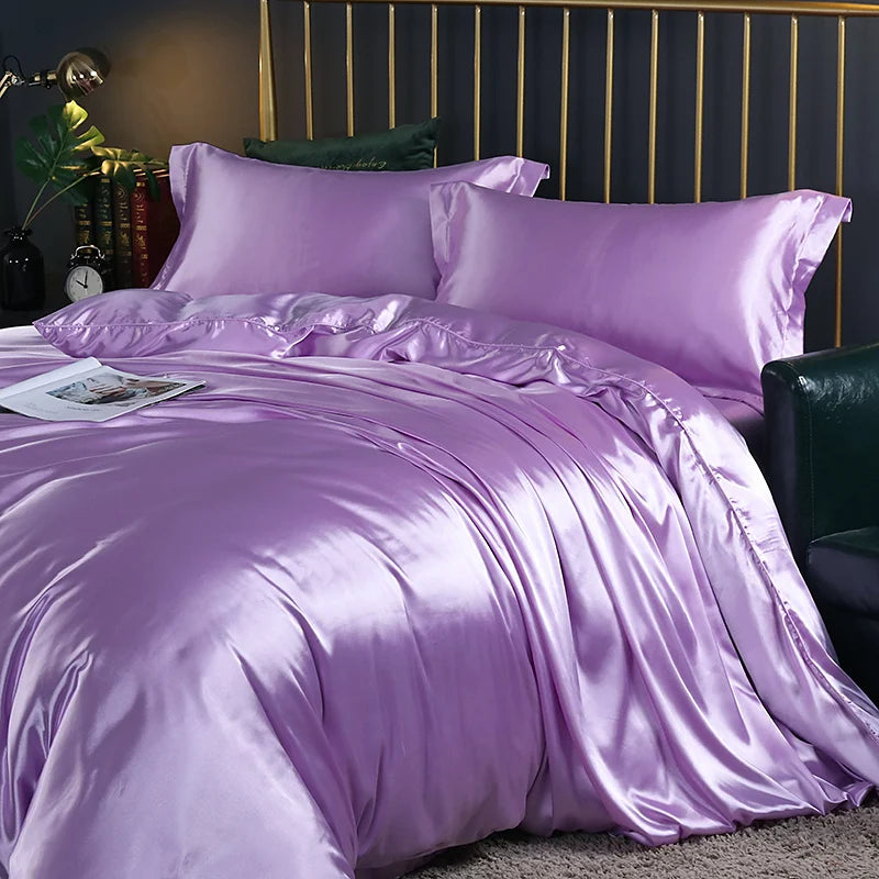 Silk Bedding Set with Duvet Cover Fitted/Flat Bed Sheet Pillowcase Luxury Satin Bedsheet Solid Color King Queen Twin Size