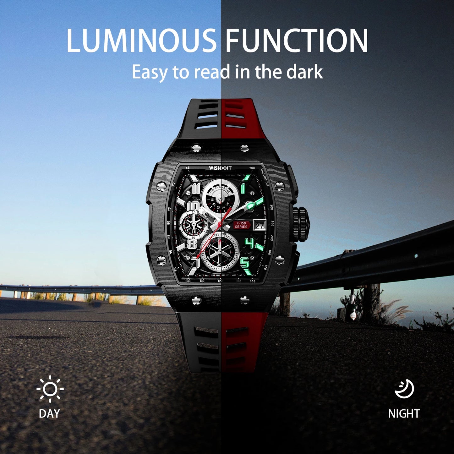 WISHDOIT NH35 Men's Chronograph Luxury Tonneau Design Features with Calendar Date Glowing 50m Depth Waterproof FKM Rubber Strap