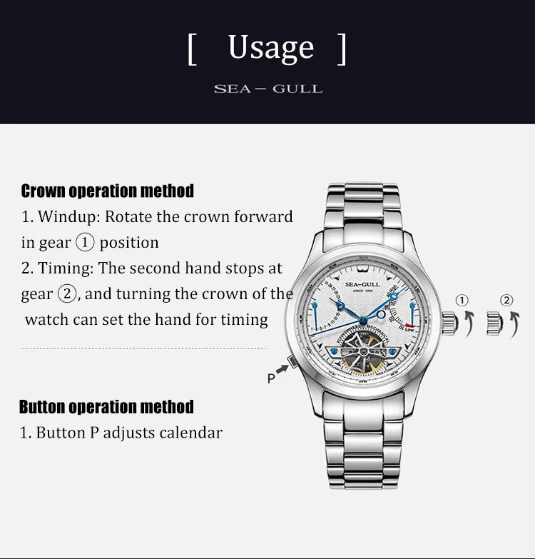 2025 Seagull Men's Automatic Mechanical Watch Multifunction Dial Calendar Sapphire Steel Band Men's Wristwatch reloj hombre M162