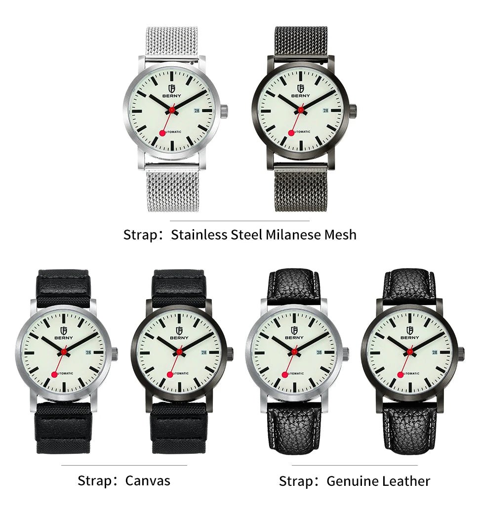 BERNY Watch for Men Automatic Self-Wind Luxury Watch Sappire MIYOTA 8215 Top Luminous 5ATM Mechanical Railroad Wristwatch
