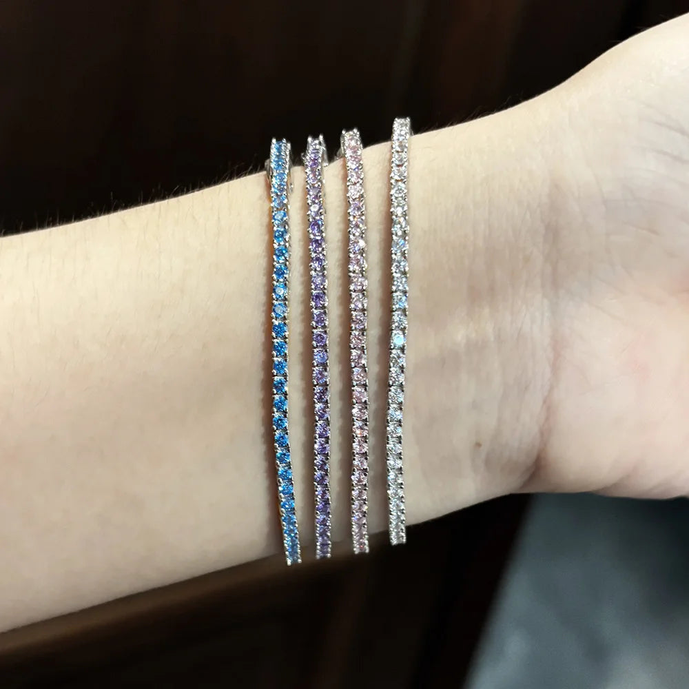 FEOBUR 2mm Blue High Carbon Diamond Tennis Bracelet for Women 925 Sterling Silver Color Gemstone Bracelets Party Jewelry Gifts