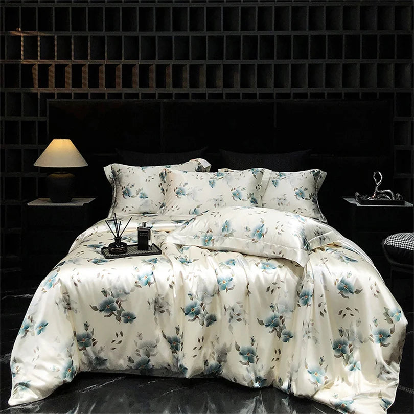 Floral Silk Bedding Set with Duvet Cover Bed Sheet Pillowcase Luxury Couple Single Double King Queen Soft Bedsheet Nordic Smooth