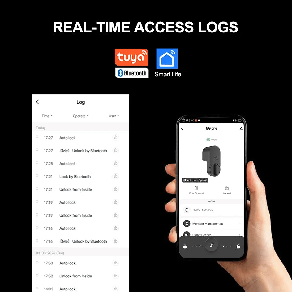 Smart lock with Tuya Bluetooth, fingerprint, password, and IC card unlocking; no drilling required for installation.