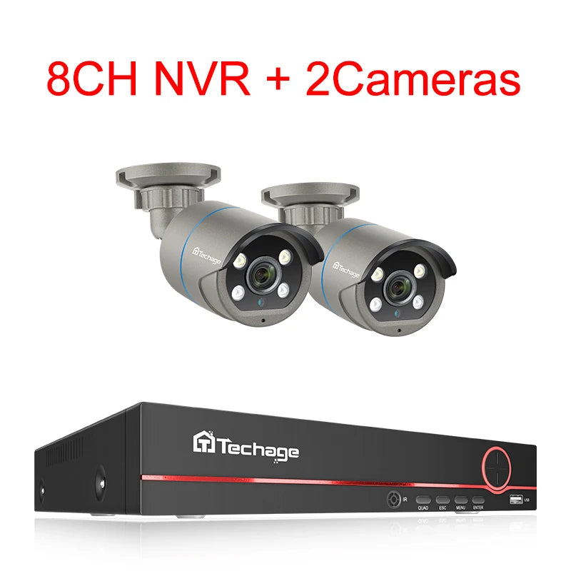 Techage 8CH HD 4MP POE Surveillance Camera CCTV Security System H.265 Face Detect Outdoor Two-way Audio IP Camera P2P Video NVR