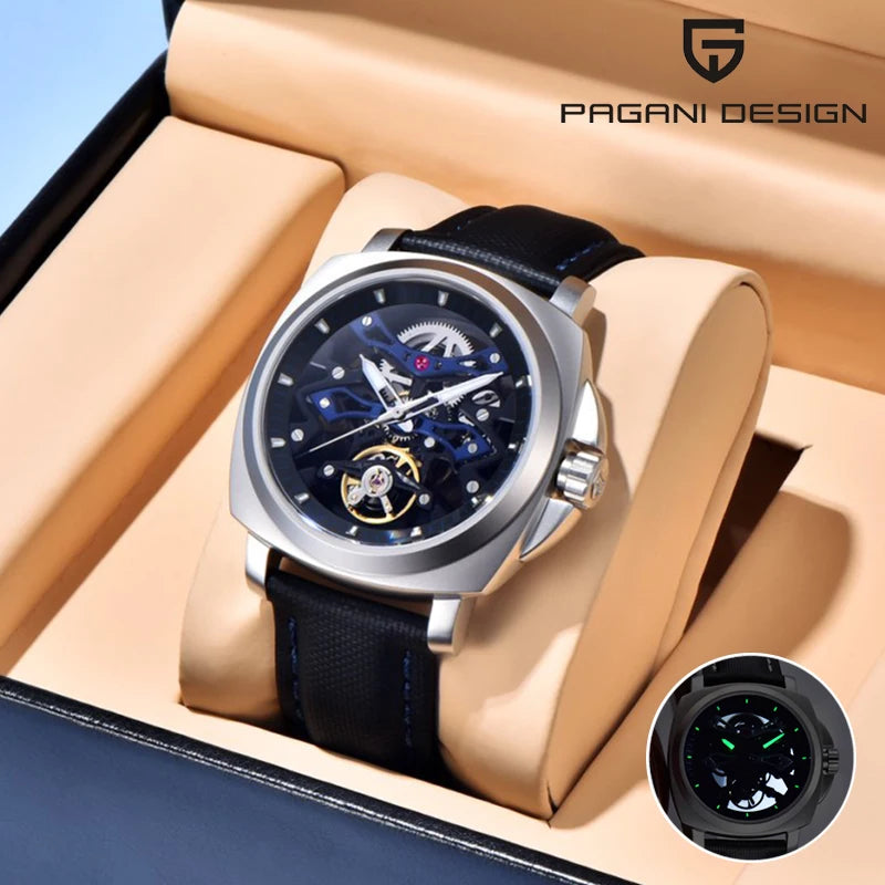 PAGANI DESIGN Herren Sportuhr, mechanische Automatik, quadratisches Design, Leder, wasserdicht, leuchtend, Geschenkidee für Feste, Herrenuhr + Box
