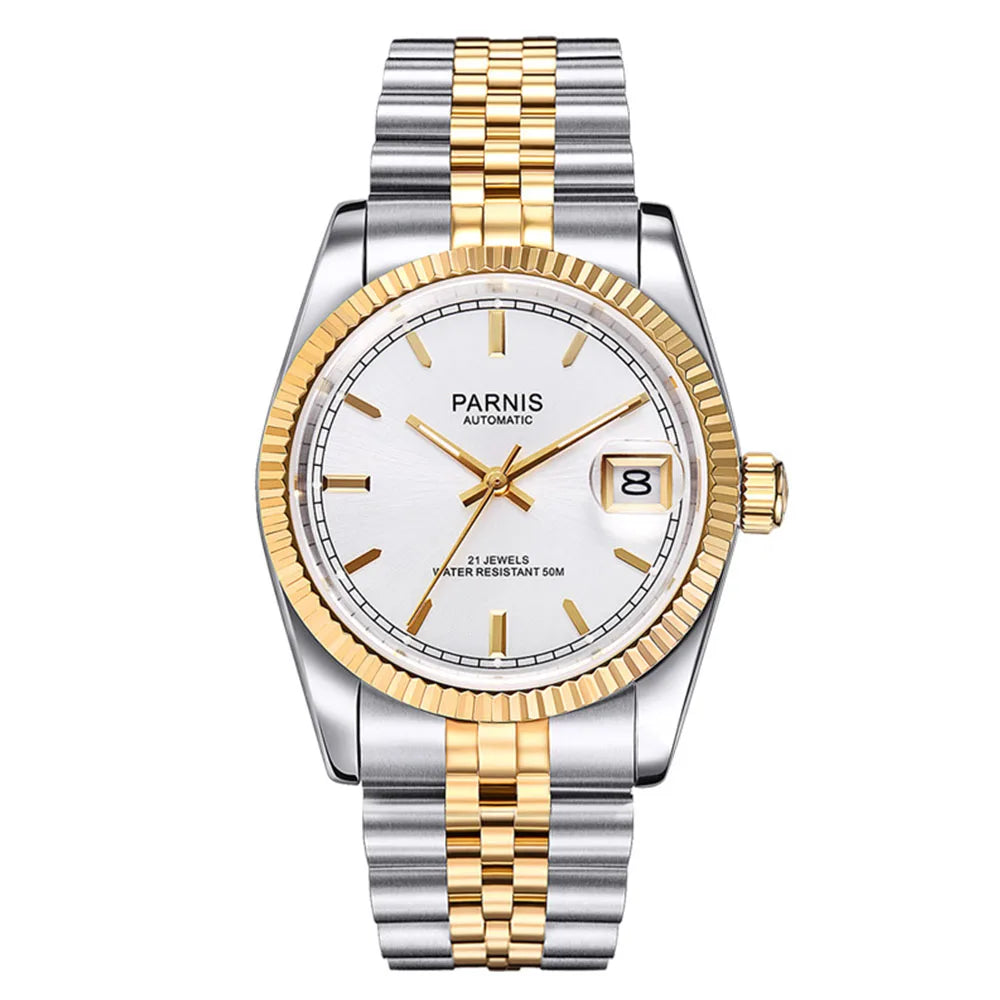 Parnis 36mm Gold Color Luminous Mark Automatic Men's Wristwatch 5 ATM Stainless Steel Jubilee Bracelet