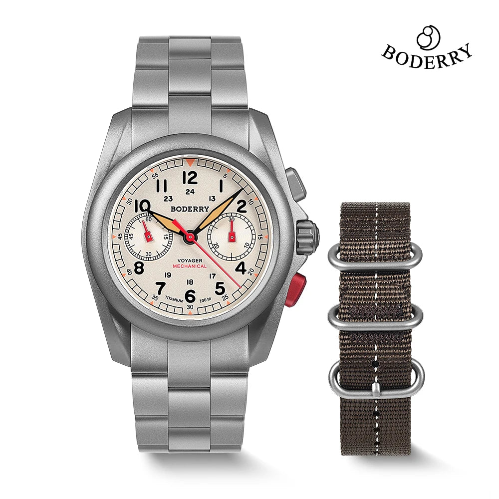 BODERRY Men's Field Watches Titanium Mechanical Chronograph Top Brand Wristwatch 100M Waterproof Clock Military Watch for Men