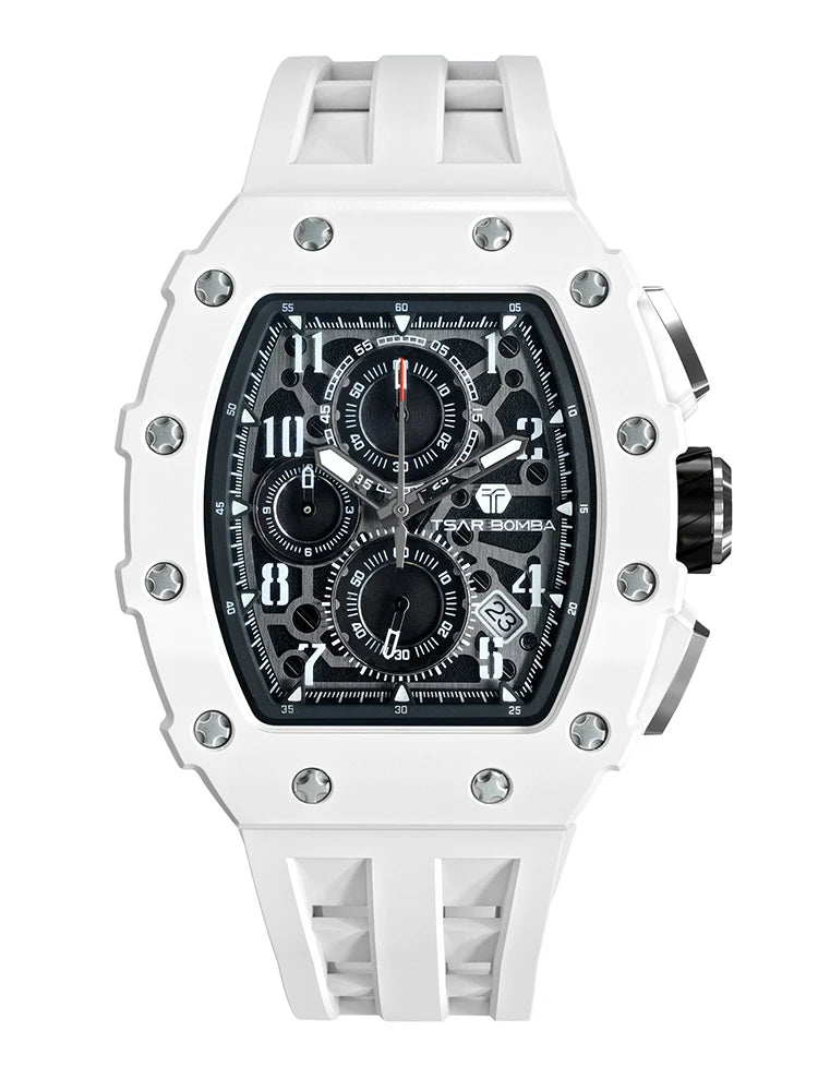 TSAR BOMBA Resin Watch for Men Tonneau Waterproof Mens Watches Top Brand Luxury Chronograph Sport Male White Wristwatches