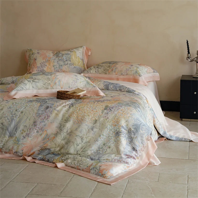 Luxury 22mm Mulberry Silk Bedding Set Romantic Floral Duvet Cover Pillowcases Bed Sheet Set Luxury Bed Linen King Queen Size