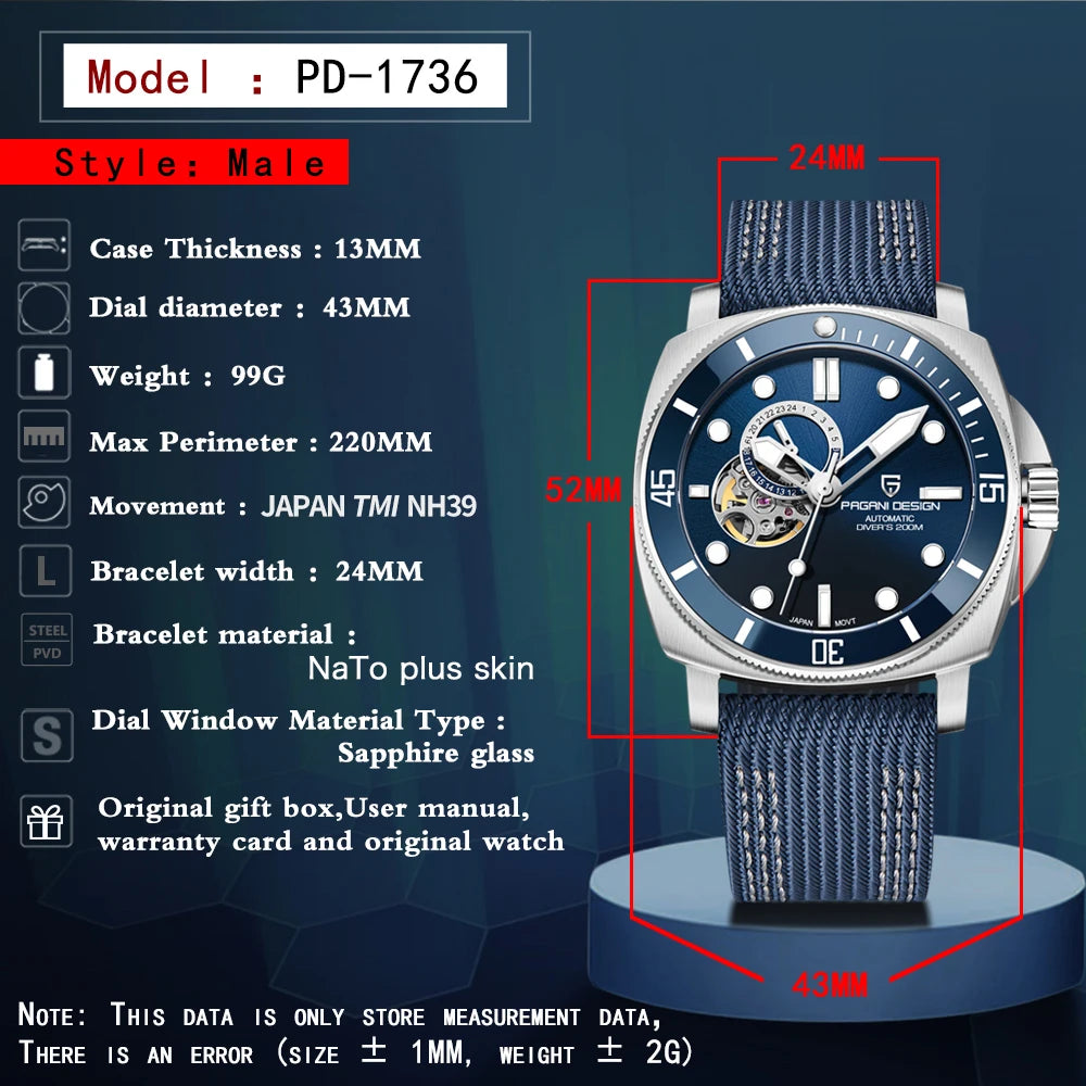 PAGANI DESIGN 2025 New Luxury Men's Watches Mechanical Automatic Watch For Men 200M Diving Wrist watch Stainless Steel+with box