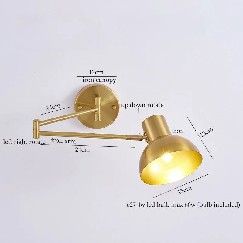 IWHD Golden Iron Art LED Wall Lights For Bedroom Kitchen Living Room Loft Mirror Bedside Lamp Swing Long Arm Lampade Da Parete