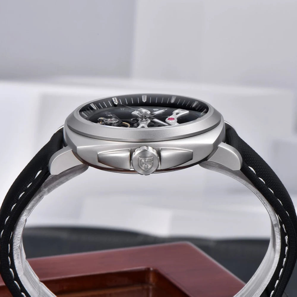 PAGANI DESIGN Herren Sportuhr, mechanische Automatik, quadratisches Design, Leder, wasserdicht, leuchtend, Geschenkidee für Feste, Herrenuhr + Box