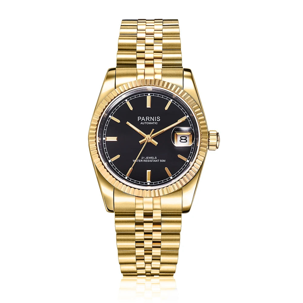 Parnis 36mm Gold Color Luminous Mark Automatic Men's Wristwatch 5 ATM Stainless Steel Jubilee Bracelet
