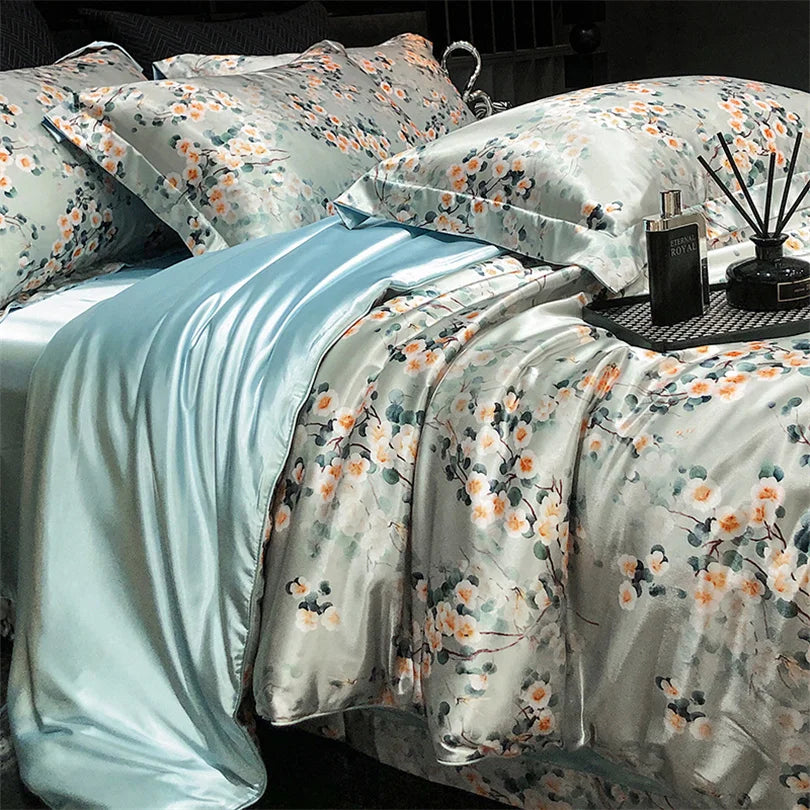 Floral Silk Bedding Set with Duvet Cover Bed Sheet Pillowcase Luxury Couple Single Double King Queen Soft Bedsheet Nordic Smooth
