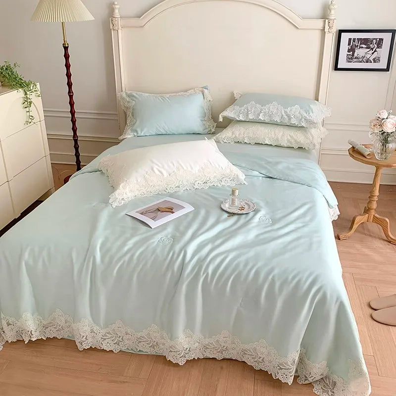 100%Eucalyptus Lyocell Cream White Lace Soft Silky Textured Wrinkle-Free Summer comforter Blanket 1Pc Flat sheet 2Pillow shams