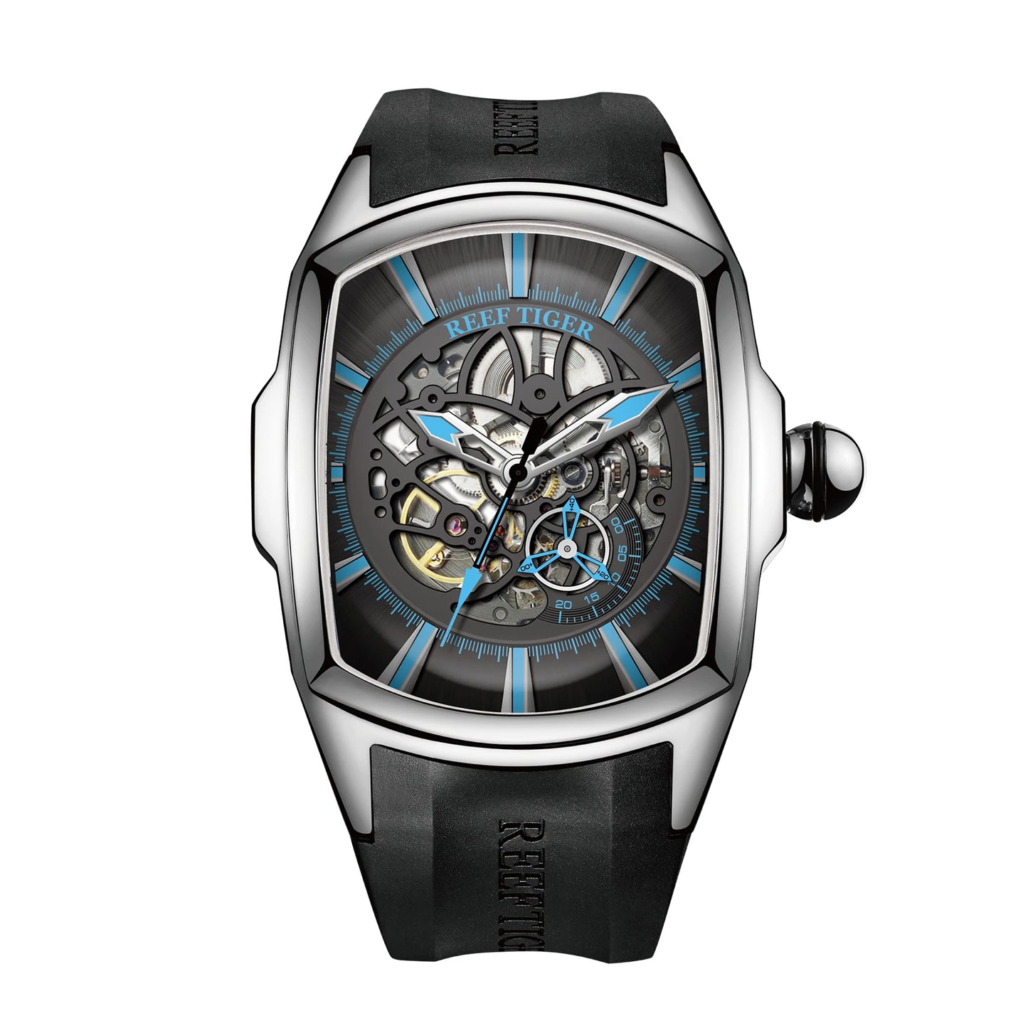 Reef Tiger Men's 316L Stainless Steel Skeleton Automatic Watch Wine Barrel Hollow Waterproof Mechanical Sport Watches RGA3069-S