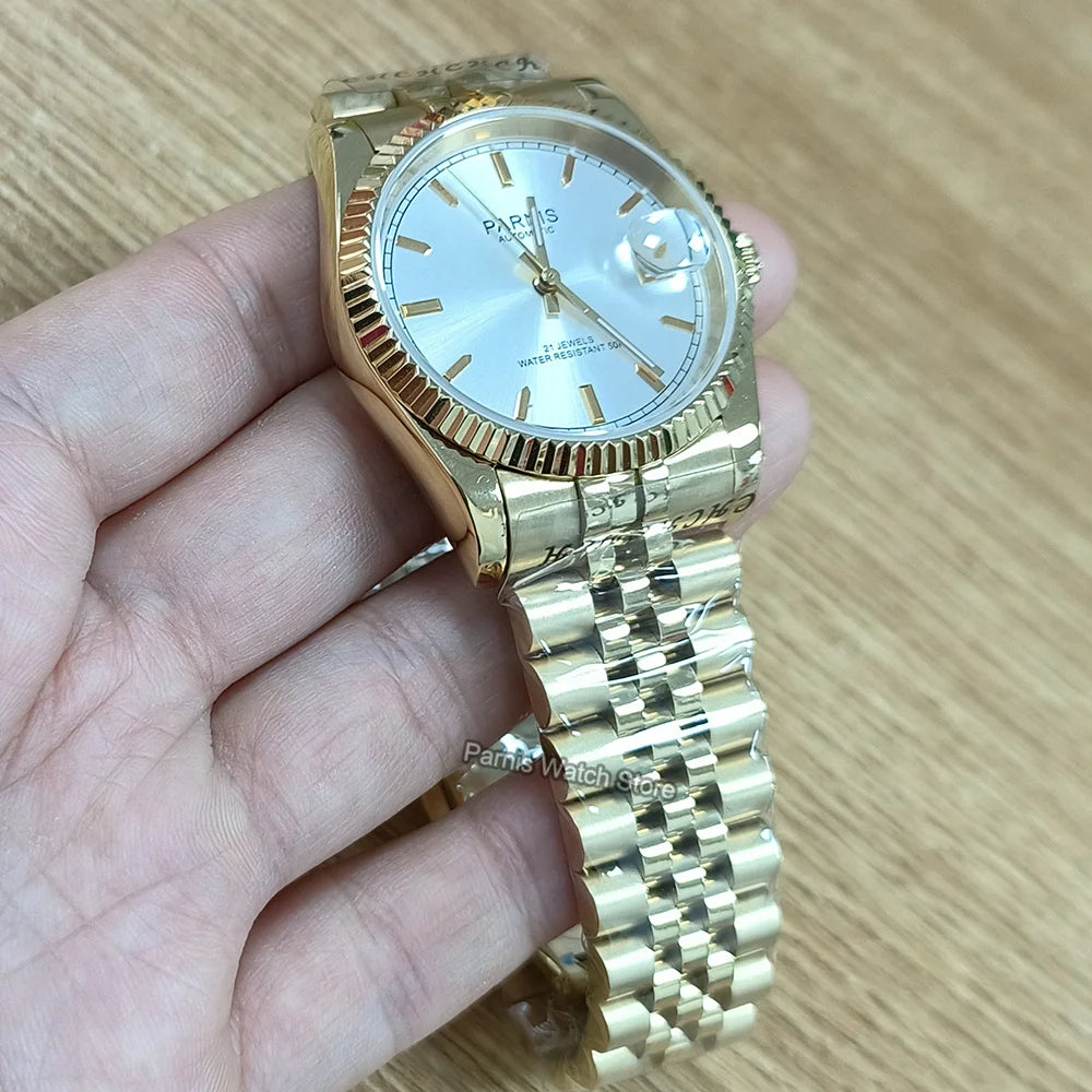 Parnis 36mm Gold Color Luminous Mark Automatic Men's Wristwatch 5 ATM Stainless Steel Jubilee Bracelet