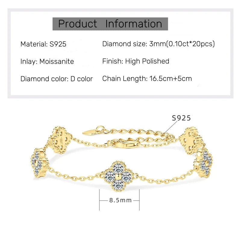 18k Gold Plated 925 Silver 3mm Moissanite Necklace Earrings Bracelet Sets 3 In 1 Clover Flower Charm Jewelry Set for Women Gift