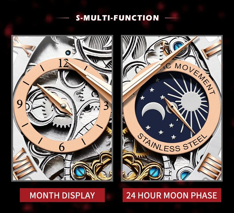 OLEVS 6670 Mechanical Fashion Watch Genuine Leather Watchband Round-dial Moon Phase Month Display