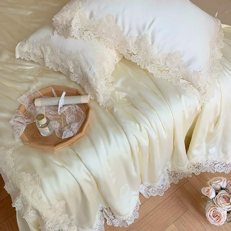 100%Eucalyptus Lyocell Cream White Lace Soft Silky Textured Wrinkle-Free Summer comforter Blanket 1Pc Flat sheet 2Pillow shams