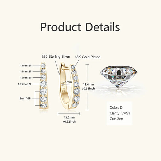 RAPRGOLD Certified Round Moissanite Hoop Earrings for Women S925 Sterling Silver U-shaped Earring Girl's Jewelry Gifts oorbellen