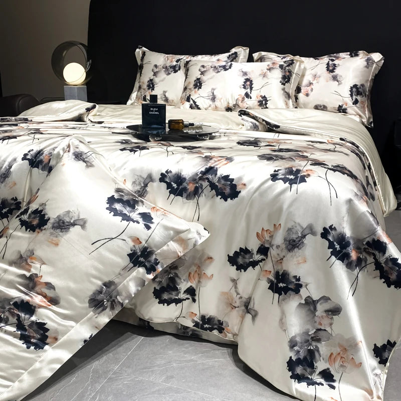 2025 new high-end luxury silky Sleeping naked digital printing washed silk style Bedding Set Duvet Cover Bed Sheet Pillowcases