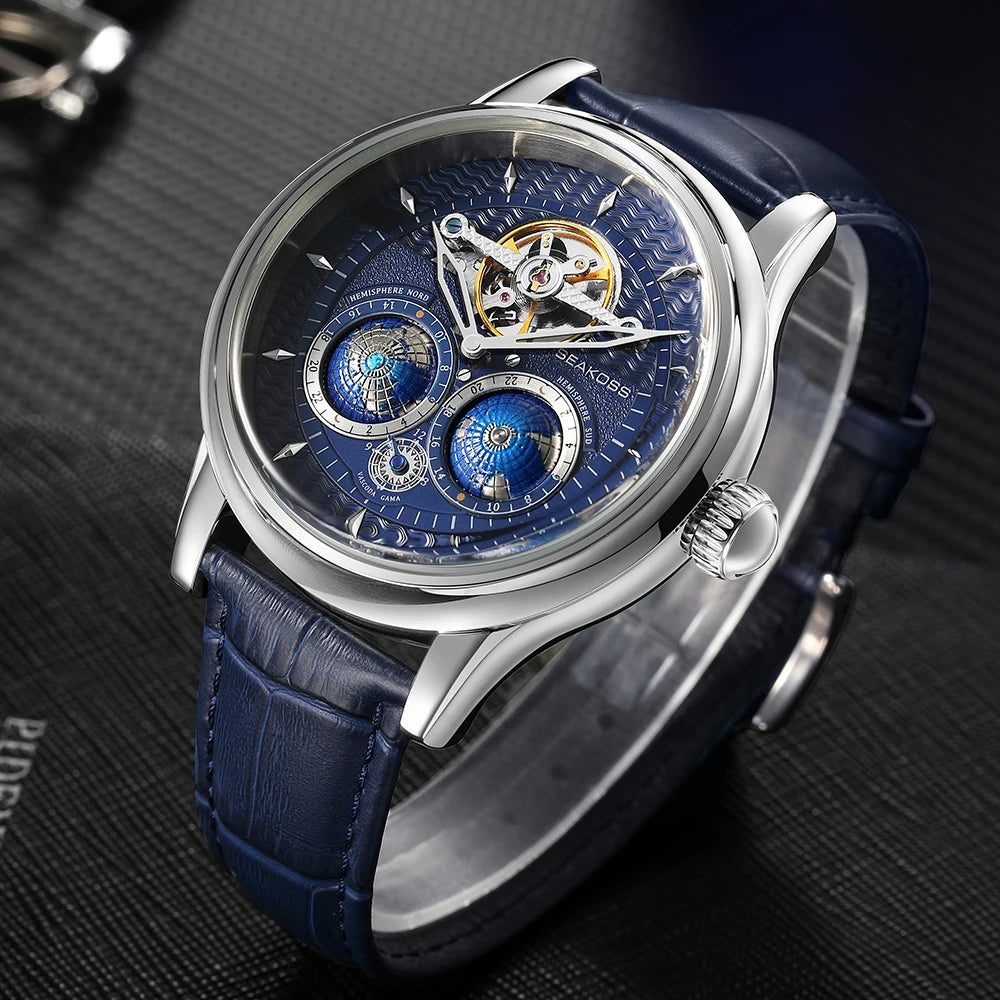 SEAKOSS Double Globe Automatic Rotating Men Mechanical Watches Earth Flywheel Device Men's Military Wristwatches 1963 Clock