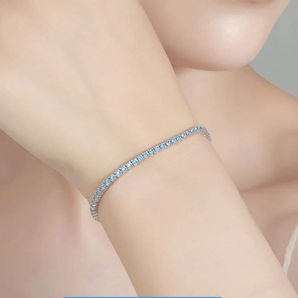 FEOBUR 2mm Blue High Carbon Diamond Tennis Bracelet for Women 925 Sterling Silver Color Gemstone Bracelets Party Jewelry Gifts