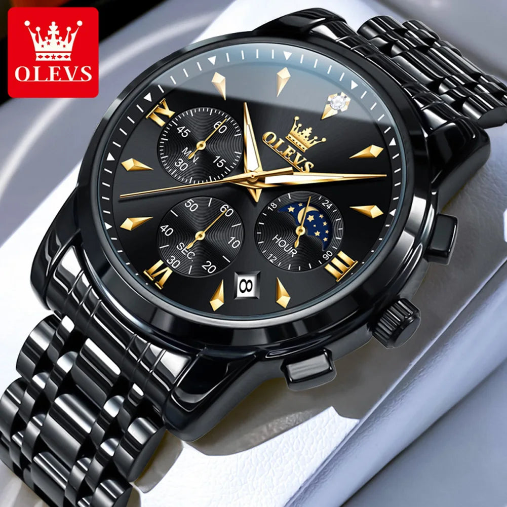 OLEVS 3639 Top Brand Original Luxury New Quartz Watch Stainless Steel Watch For Men Waterproof Luminous Moon Phase Mens Watch