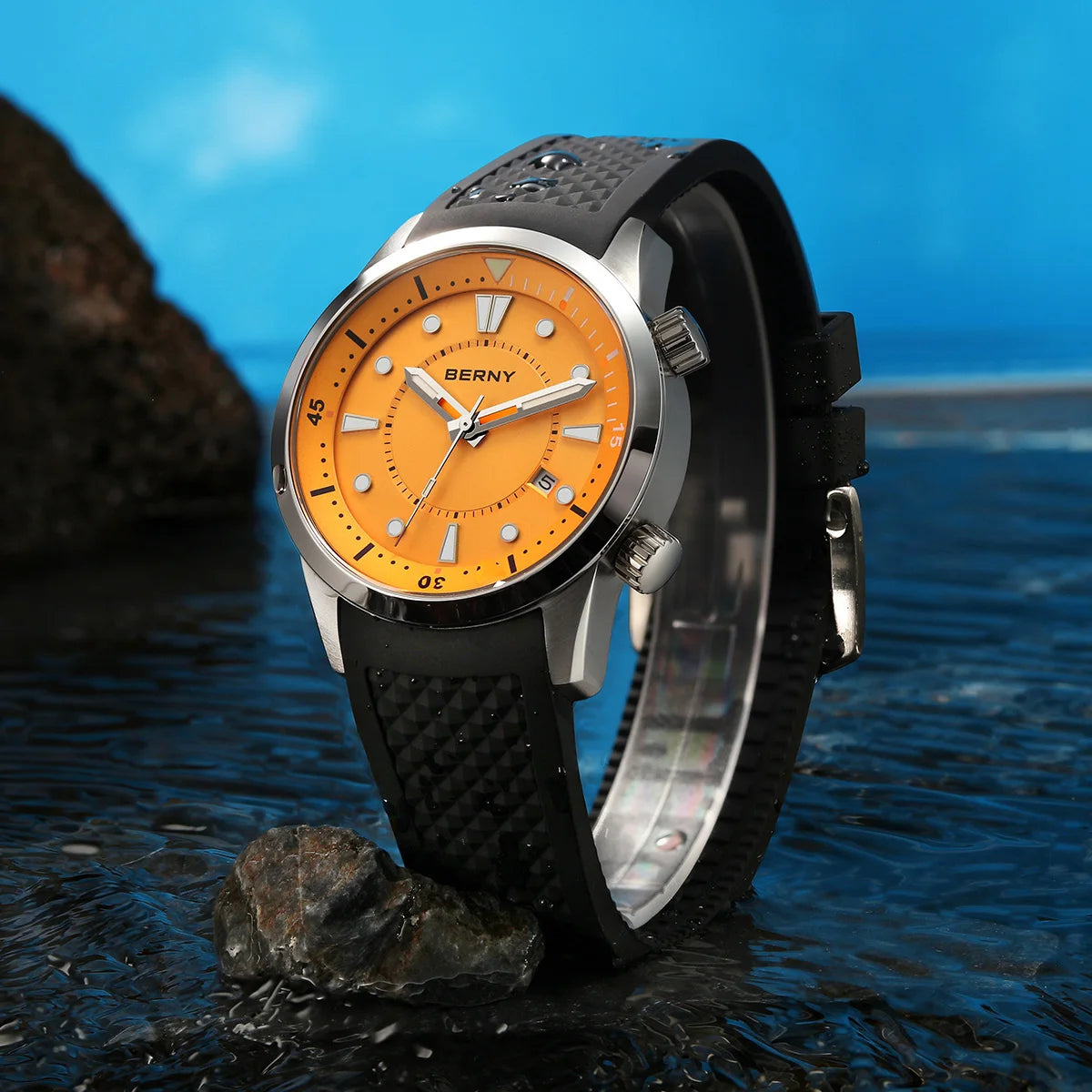 BERNY Automatic Diver Men Watch 200M Waterproof Miyota 8215 Sappire AR Coated Silicone Sports Swim Wristwatch Men's Diver Watch