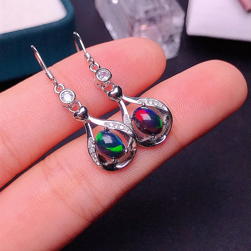 MeiBaPJ 5*7 Natural Black Opal Gemstone England Ear Drop Earrings for Women Real 925 Sterling Silver Charm Fine Wedding Jewelry
