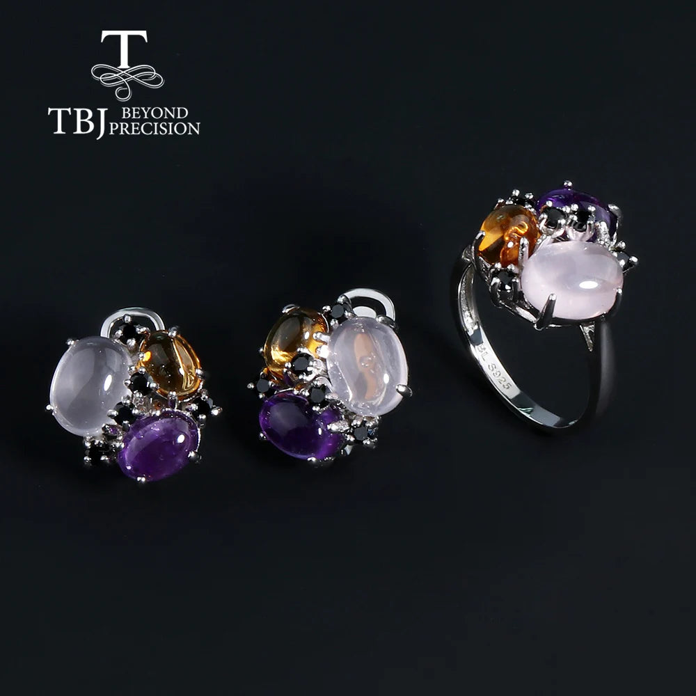 Natural gems Citrine Rose quartz Amethyst Multi-color Ring Earring Jewelry Set for Women fine Jewelry 925 Sterling Silver