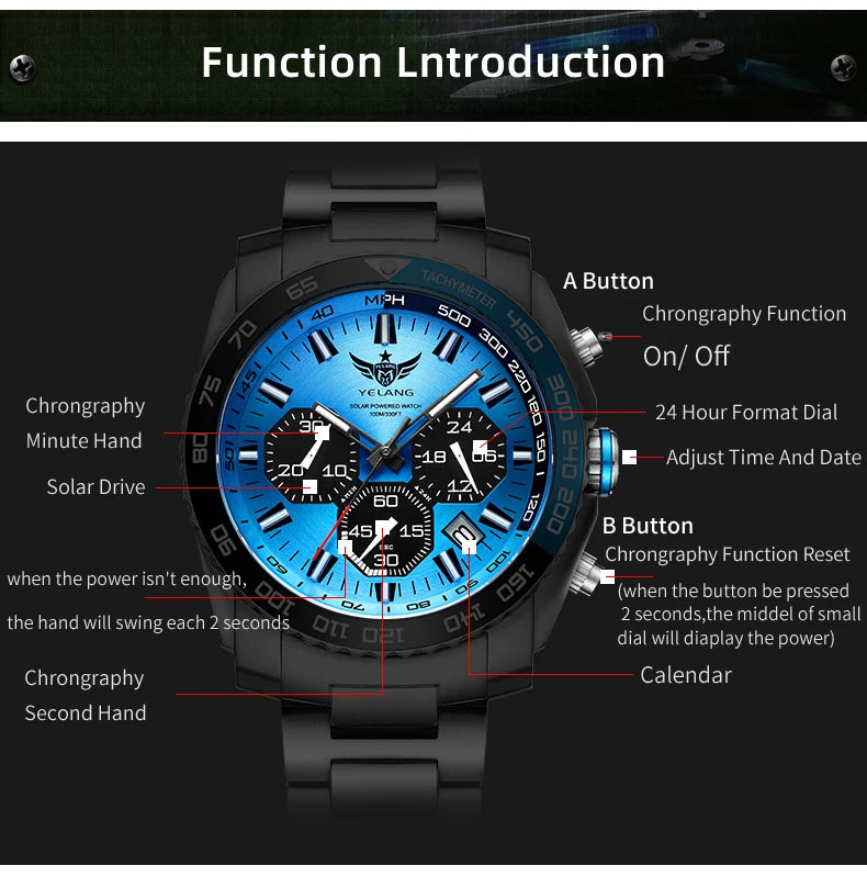 Yelang Watch 44mm V1215 Men Sports Watch Japan Eco-Drive VR42 Solar Diving Watch 100m Waterproof 10Bar Luminous watches for men