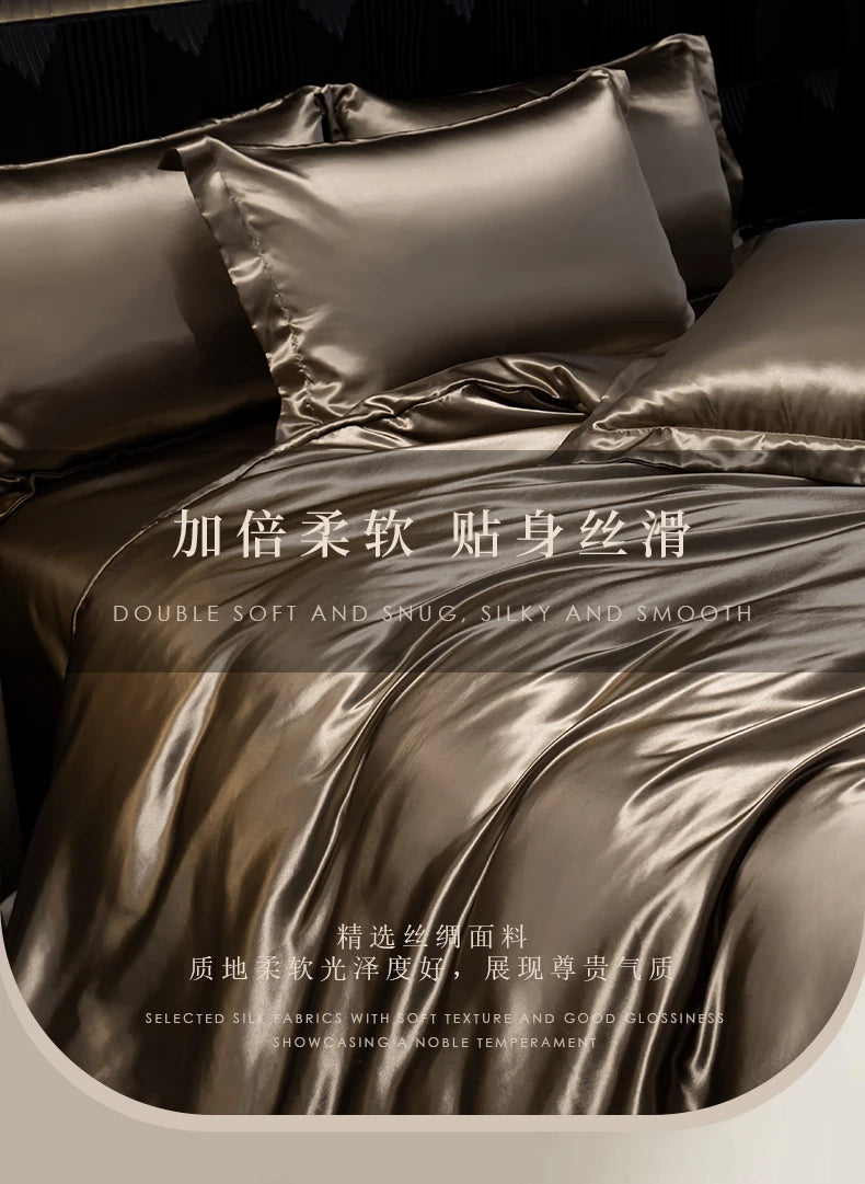 Solid Silk Bedding Set with Duvet Cover Bed Sheet Pillowcases Luxury Satin Single Double Bedsheet King Queen Twin Size