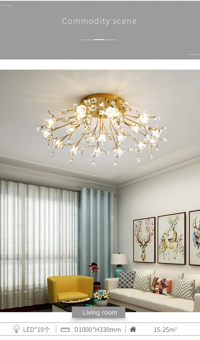 Luxury Crystal Flower Ceiling Light Gold LED Branch Tree Chandelier For Living Room Bedroom Villa Hotel Decor Bedside Wall Lamp