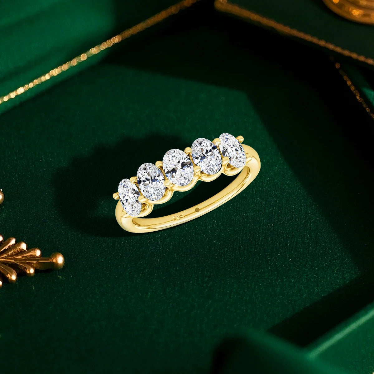 Oval 14K Yellow Gold Engagement Ring GRA Certified Moissanite Row Band 5 Stone 1.5ctw 100% Authentic for Women Wedding Jewelry