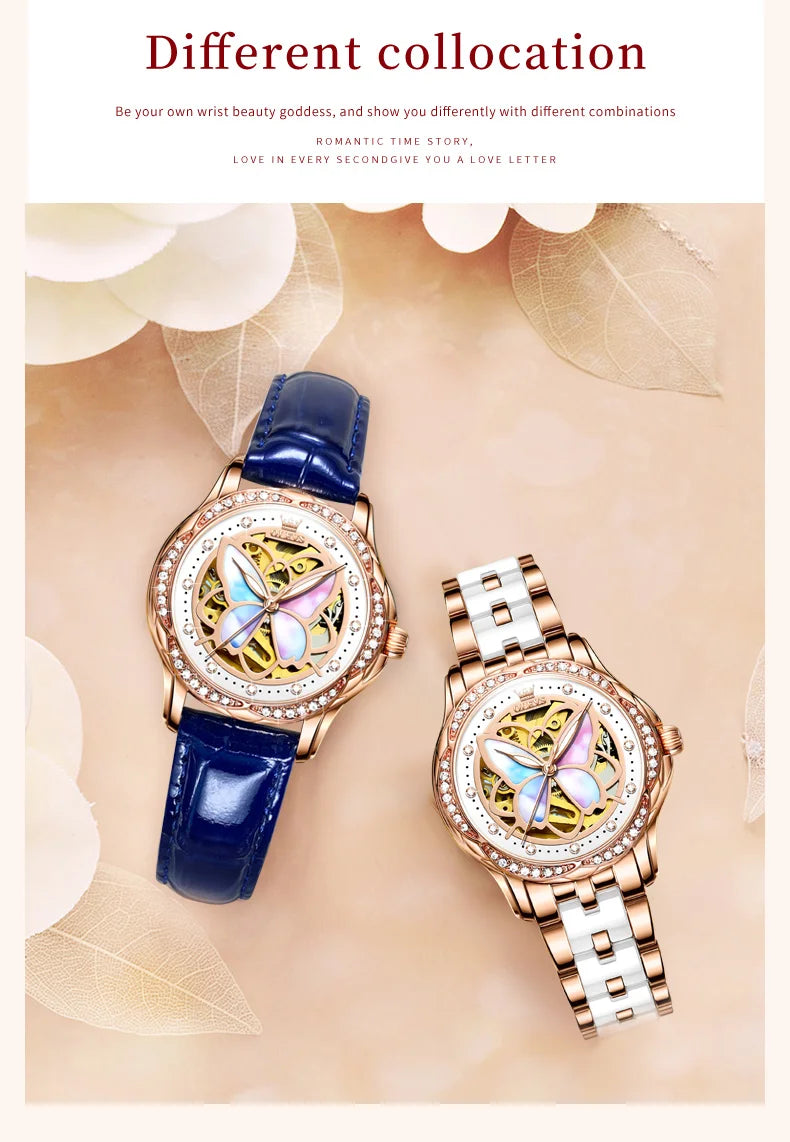 OLEVS Luxury Fashion Women's Watches Colorful Butterfly Dial Original Brand Automatic Mechanical Wristwatch Ceramics Strap Trend