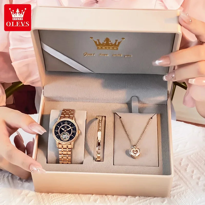 OLEVS Hollow Women's Watch Fully Automatic Mechanical Watch Luxury Diamond Inlaid Starry Sky Elegant Women's Brand Watch  7036