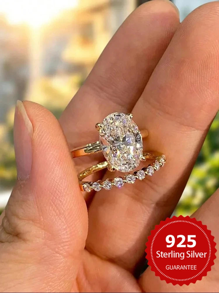 925 Sterling Silver Fashion Plain Oval Zircon Stackable Set Ring For Women Anniversary Wedding Luxury High Quality Fine Jewelry