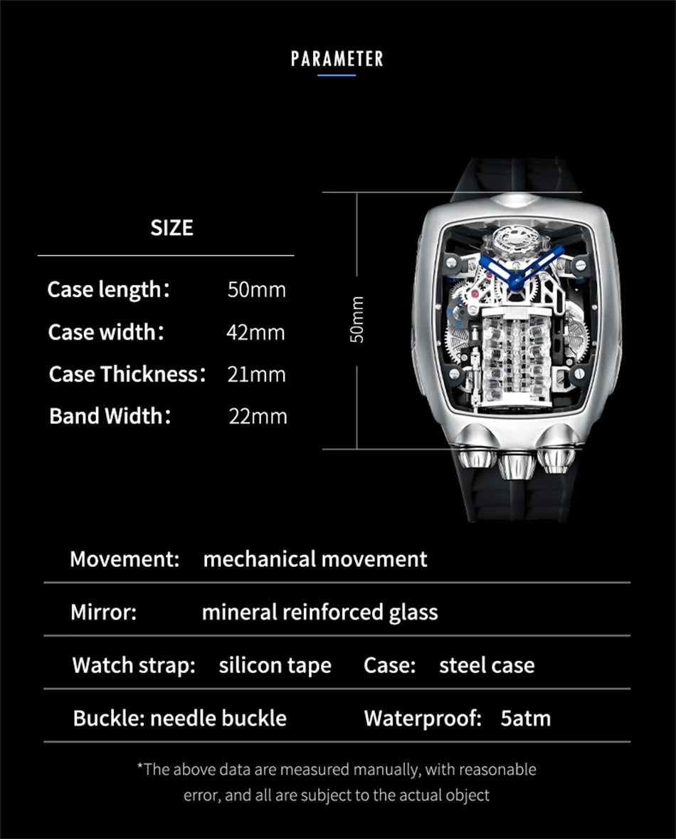 PINDU DESIGN Mens Watches Top Brand Luxury Automatic Watch Engine 16 Cylinder Skeleton Men Mechanical Watch Japan NH05A Watch