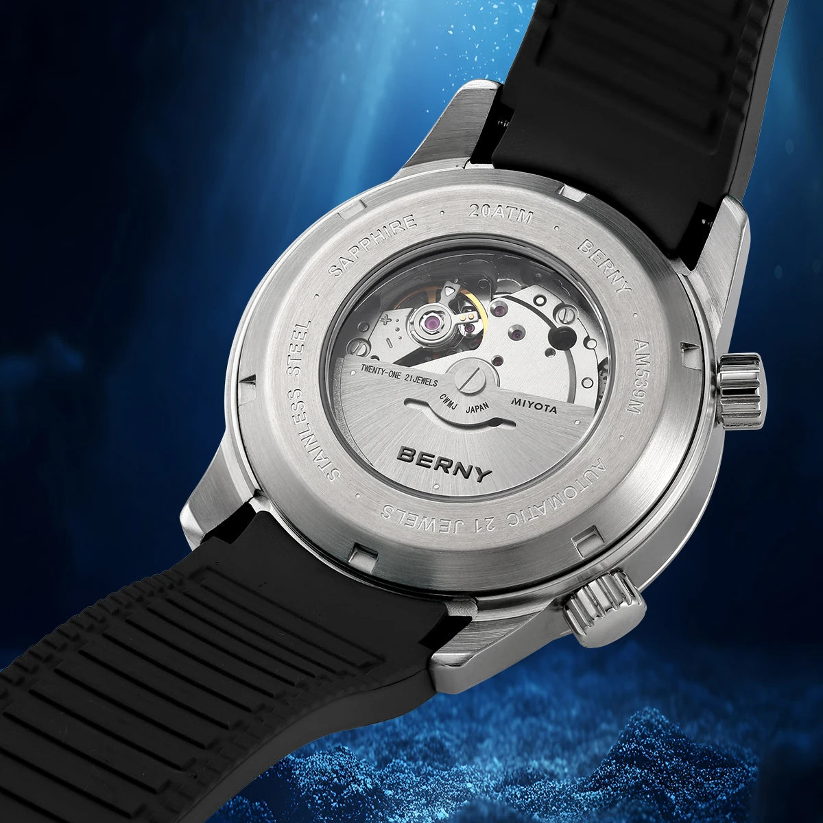 BERNY Automatic Diver Men Watch 200M Waterproof Miyota 8215 Sappire AR Coated Silicone Sports Swim Wristwatch Men's Diver Watch