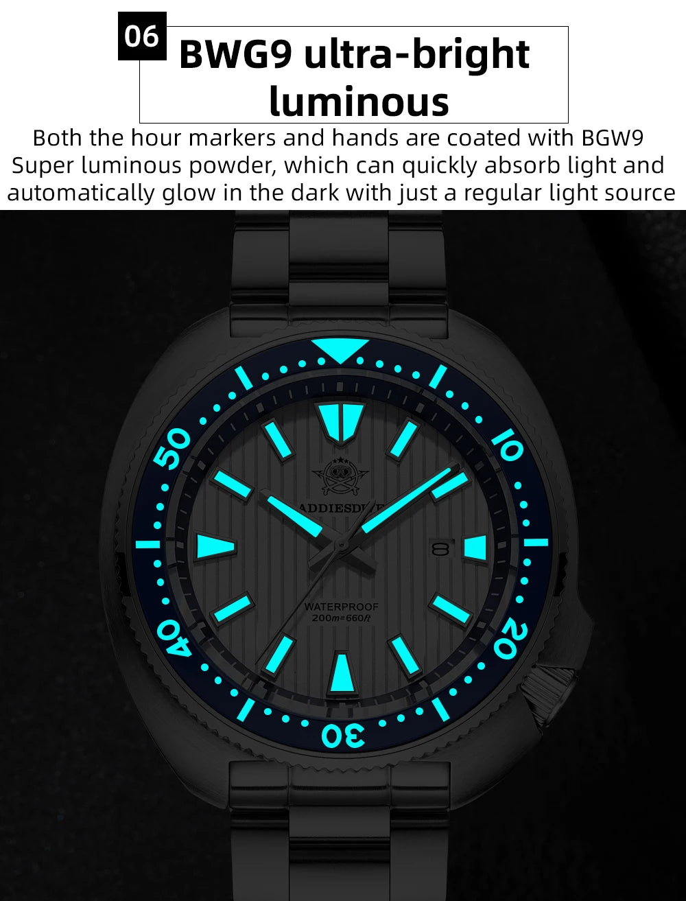 ADDIESDIVE Men's Watch Stainless Steel Sapphire Crystal Quartz Watch Men's Luminous 200M Waterproof Gift Men's Analog Watch