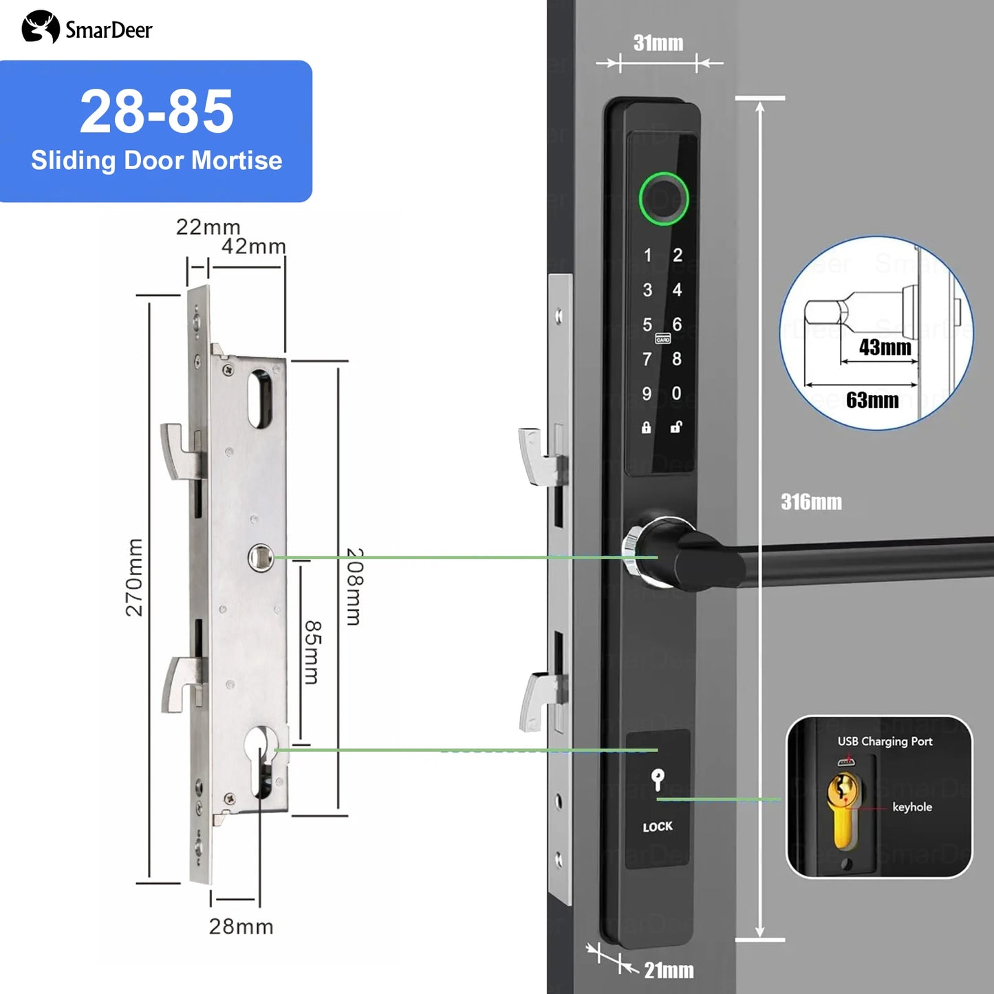 SmarDeer IP65 Waterproof Sliding Door Smart Lock，Tuya WiFi Broken Bridge Aluminum Sliding Door  Fingerprint Lock