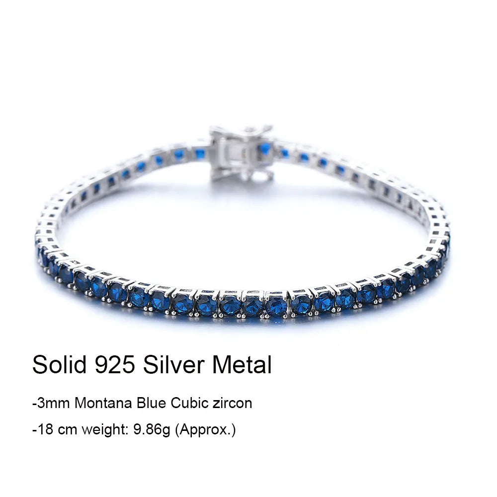 Real 925 Jewelry For Women/Men Pave 3 mm Montana Blue Sapphire Cubic zircon Hip Hop Rock Pure Silver 15-21 cm Tennis Bracelet