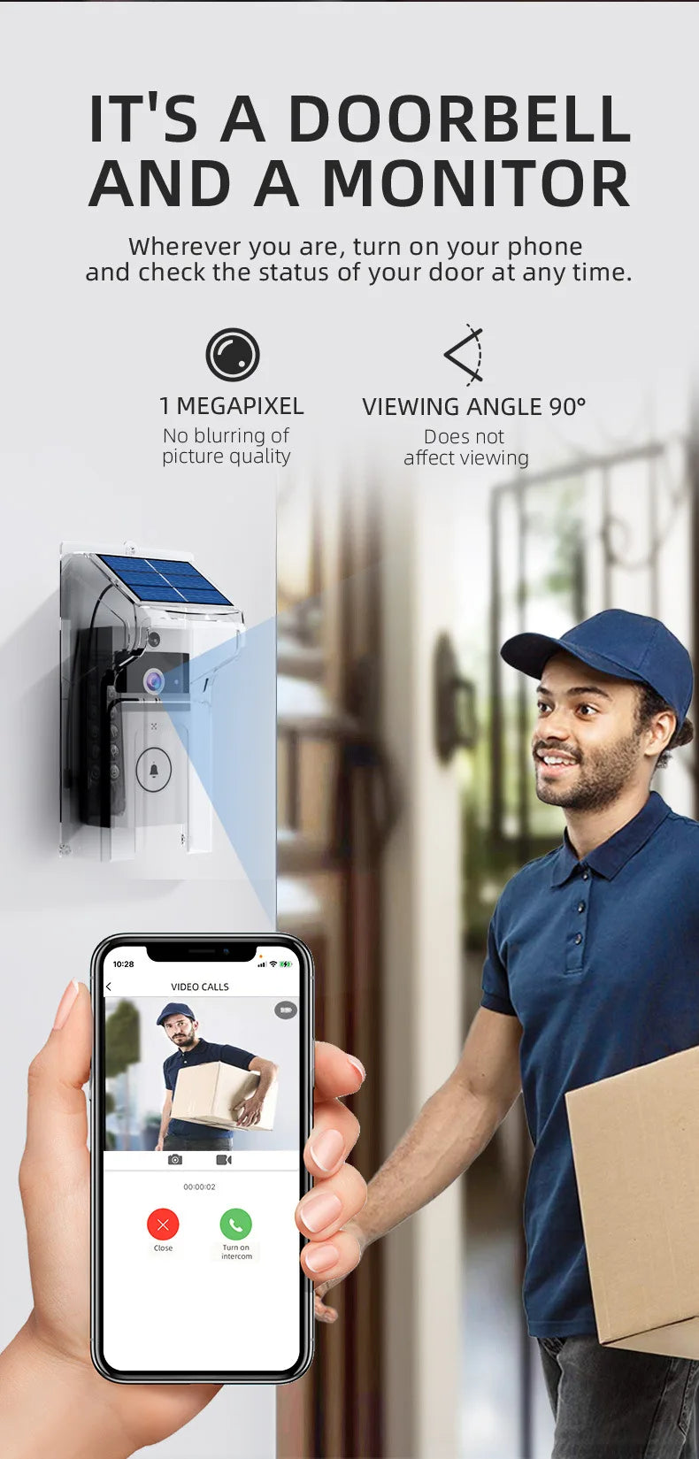 Solar Wireless Smart Video Doorbell HD Security Camera with Rain Cover Weatherproof Outdoor Two-Way Talk Voice Changer WiFi Door